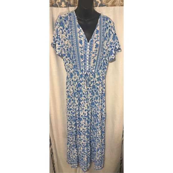 GREAT CONDITION BEAUTIFUL Women's Dress, Women Blue Floral Print Sashes Pleated - Picture 1 of 7